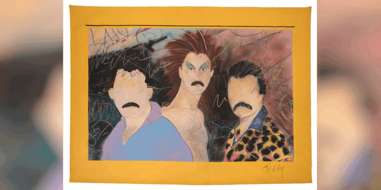 Teddy Sandoval,Las Locas,c.1980. Acrylic and mixed media on unstretched canvas,39x521/2in.(99.1x133.4cm).Estate of Teddy Sandoval and Paul Polubinskas.Photoby Fredrik Nilsen