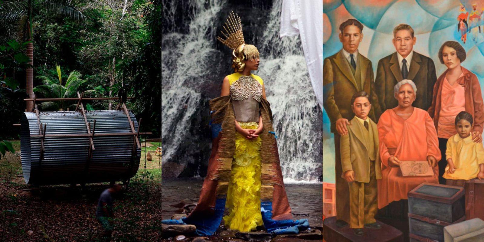Left: Tony Cruz Pabón, “Escultura para escuchar la lluvia,” wood and zinc, 2024. Photo by Thais Llorca Lezcano. Middle: Yelaine Rodriguez, “Oshun Orisha of Fertility: Help Us Birth Generations of Revolutionary Womxn,” photography, 2020. Courtesy of the artist. Right: Nitza Tufiño, “La Llegada de Nuestro Pueblo/The Arrival of Our People,” oil on canvas, 2011. Photo by Rachel Breitman